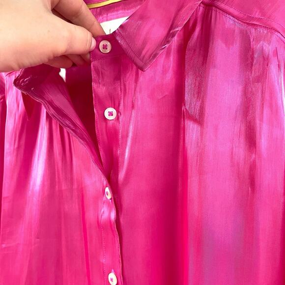 by Anthropologie Pink Shiny Silky Shirt Long Sleeve Blouse Iridescent - Picture 6 of 7